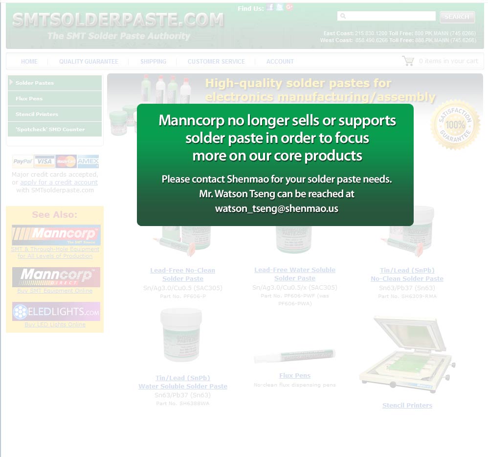 Manncorp no longer sells or supports Solder Paste in order to focus more on our core products.